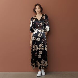 Juan de Dios 100% Silk Maxi Wrap Dress Black Brown Cream‎ Floral Puff Size 0